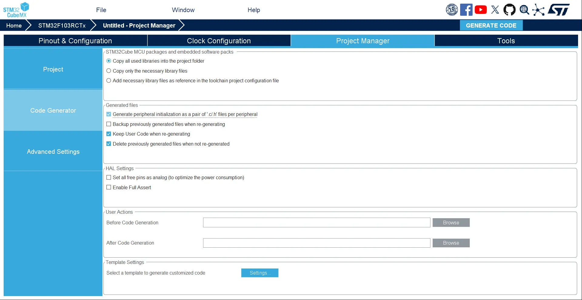 Screenshot of code generator section