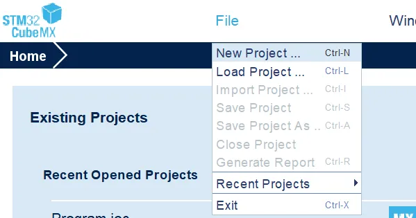 Screenshot about creating new project in STM32CubeMX
