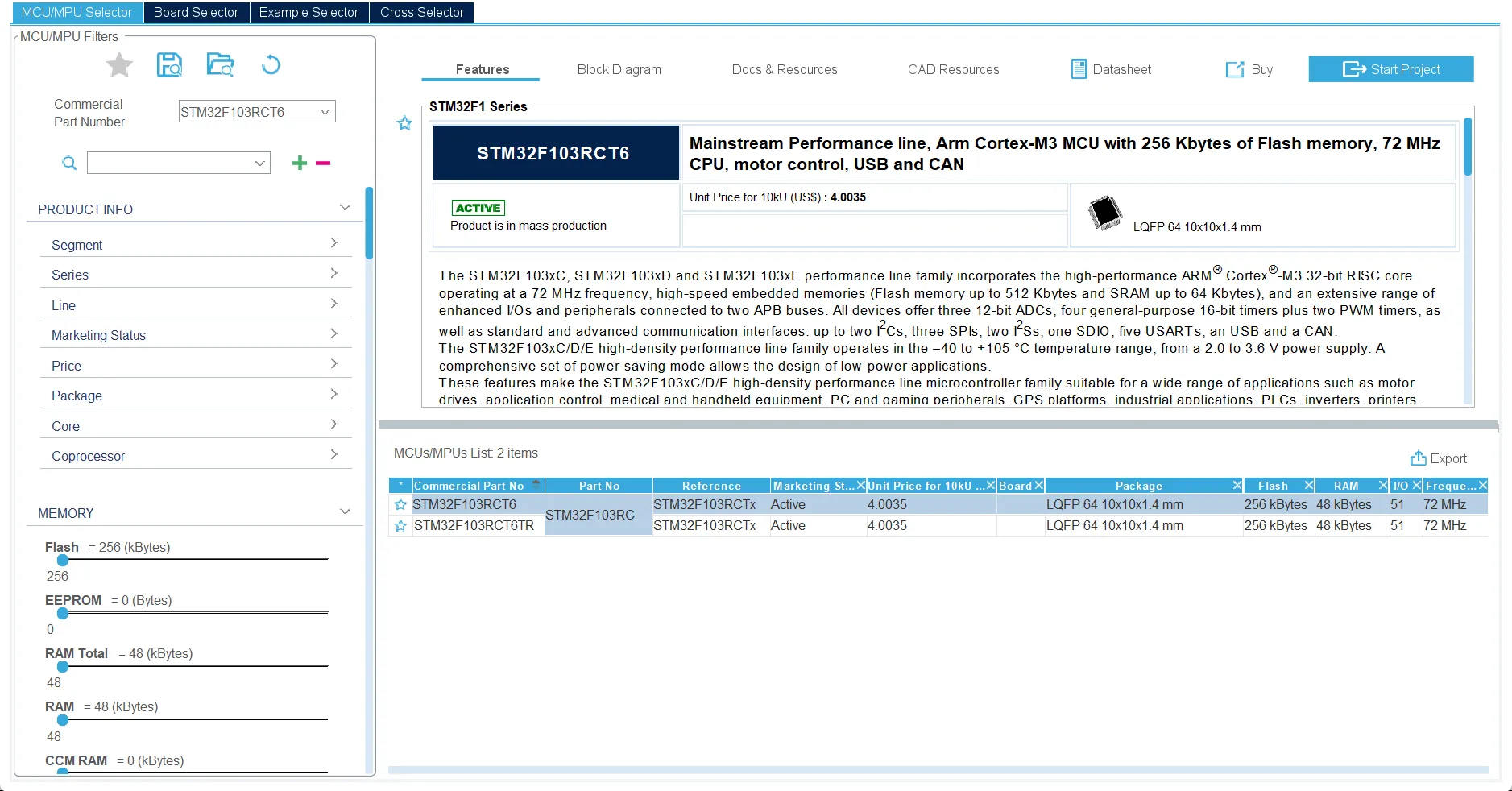 Screenshot about choosing the right MCU and start project